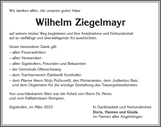 Traueranzeige von Wilhelm Ziegelmayr von Allgäuer Anzeigeblatt