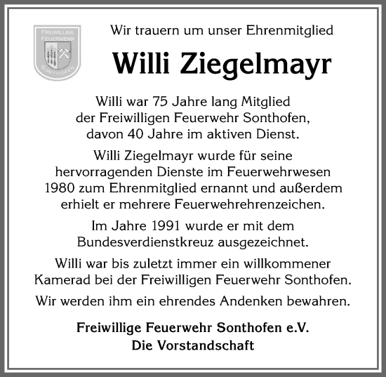 Traueranzeige von Willi Ziegelmayr von Allgäuer Anzeigeblatt