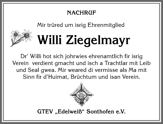 Traueranzeige von Willi Ziegelmayr von Allgäuer Anzeigeblatt