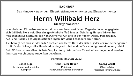 Traueranzeige von Willibald Herz von Allgäuer Zeitung,Kempten