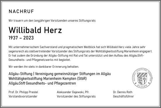 Traueranzeige von Willibald Herz von Allgäuer Zeitung, Gesamtausgabe