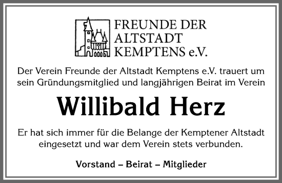 Traueranzeige von Willibald Herz von Allgäuer Zeitung,Kempten