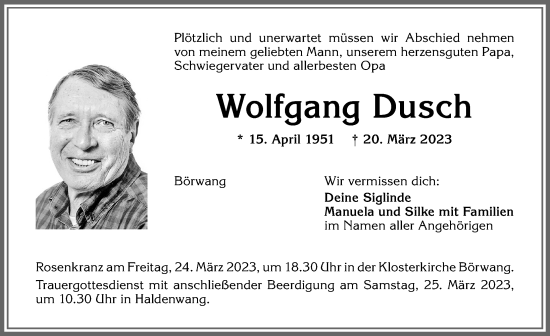 Traueranzeige von Wolfgang Dusch von Allgäuer Zeitung,Kempten