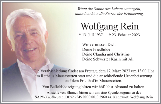 Traueranzeige von Wolfgang Rein von Allgäuer Zeitung, Kaufbeuren/Buchloe