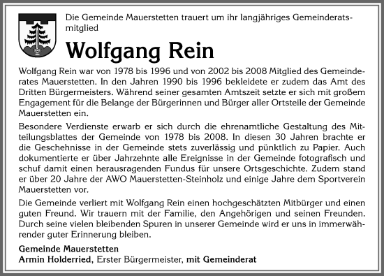 Traueranzeige von Wolfgang Rein von Allgäuer Zeitung, Kaufbeuren/Buchloe