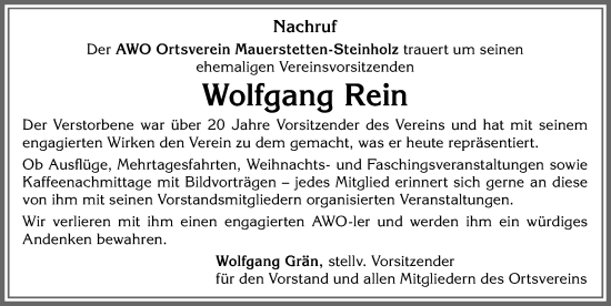 Traueranzeige von Wolfgang Rein von Allgäuer Zeitung, Kaufbeuren/Buchloe