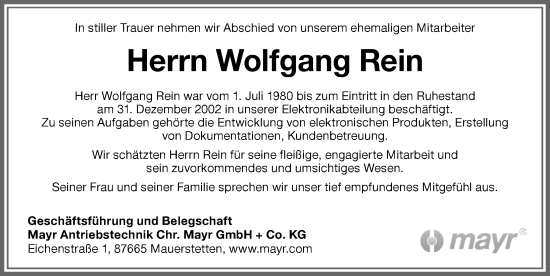 Traueranzeige von Wolfgang Rein von Allgäuer Zeitung, Kaufbeuren/Buchloe