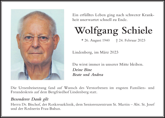 Traueranzeige von Wolfgang Schiele von Der Westallgäuer