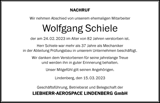 Traueranzeige von Wolfgang Schiele von Der Westallgäuer