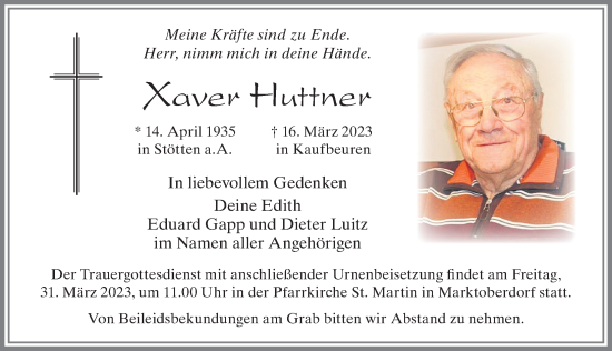 Traueranzeige von Xaver Huttner von Allgäuer Zeitung, Kaufbeuren/Buchloe