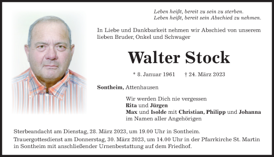 Traueranzeige von Walter Stock 