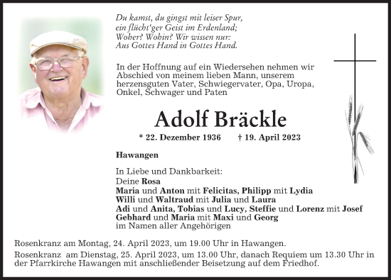 Traueranzeige von Adolf Bräckle von Memminger Zeitung