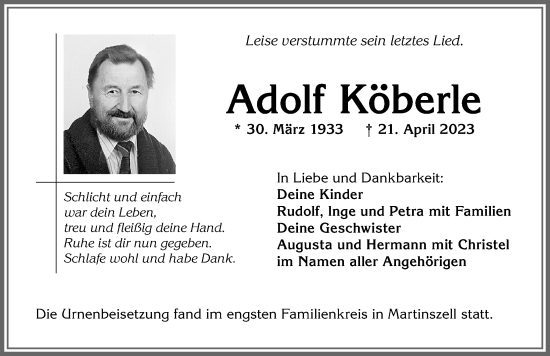 Traueranzeige von Adolf Köberle von Allgäuer Zeitung,Kempten
