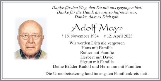 Traueranzeige von Adolf Mayr von Allgäuer Zeitung, Marktoberdorf