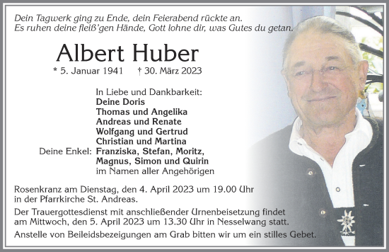 Traueranzeige von Albert Huber von Allgäuer Zeitung, Füssen