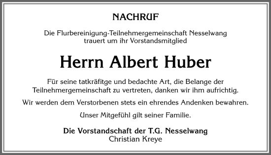 Traueranzeige von Albert Huber von Allgäuer Zeitung, Füssen