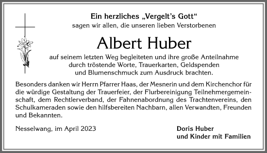 Traueranzeige von Albert Huber von Allgäuer Zeitung, Füssen