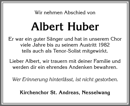 Traueranzeige von Albert Huber von Allgäuer Zeitung, Füssen