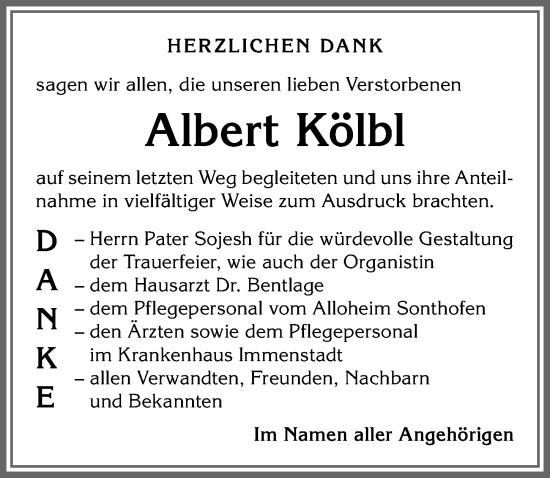 Traueranzeige von Albert Kölbl von Allgäuer Anzeigeblatt