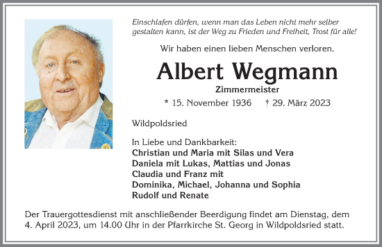 Traueranzeige von Albert Wegmann von Allgäuer Zeitung,Kempten