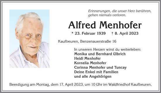 Traueranzeige von Alfred Menhofer von Allgäuer Zeitung, Kaufbeuren/Buchloe
