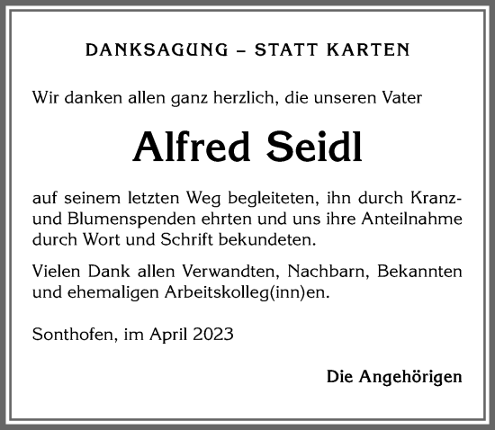 Traueranzeige von Alfred Seidl von Allgäuer Anzeigeblatt