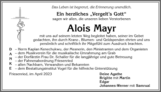 Traueranzeige von Alois Mayr von Allgäuer Zeitung, Marktoberdorf