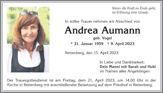 Traueranzeige von Andrea Aumann von Allgäuer Anzeigeblatt