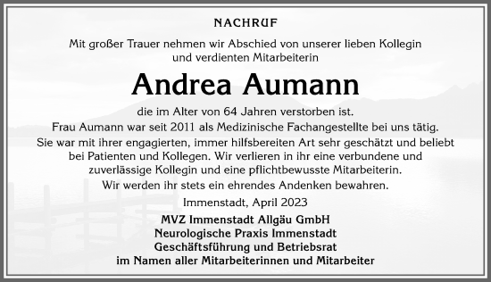 Traueranzeige von Andrea Aumann von Allgäuer Anzeigeblatt
