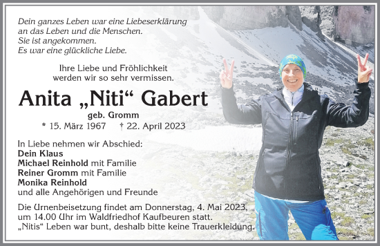 Traueranzeige von Anita Gabert von Allgäuer Zeitung, Kaufbeuren/Buchloe