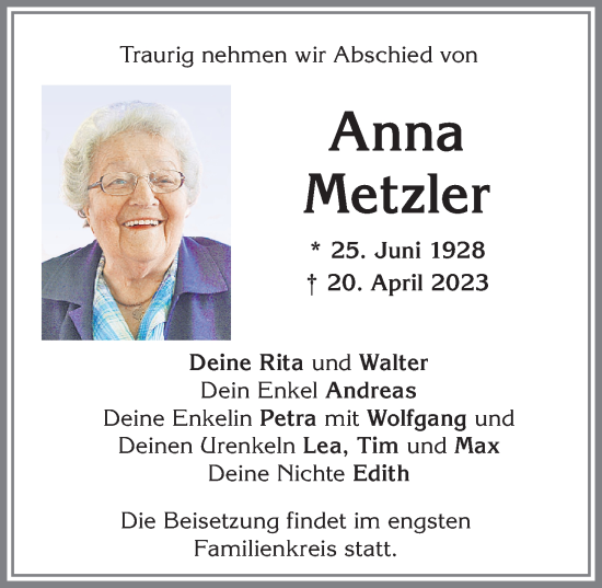 Traueranzeige von Anna Metzler von Allgäuer Zeitung,Kempten