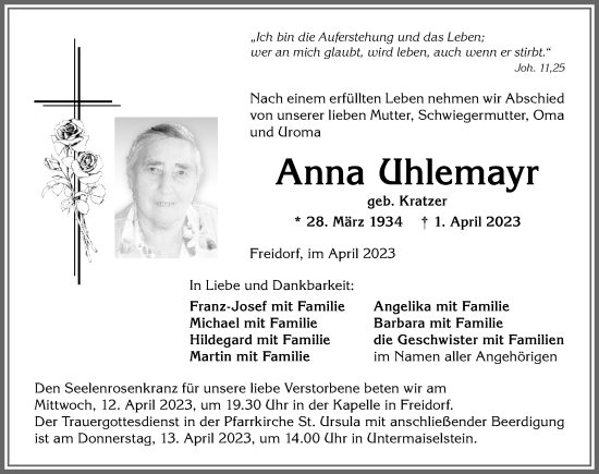 Traueranzeige von Anna Uhlemayr von Allgäuer Anzeigeblatt