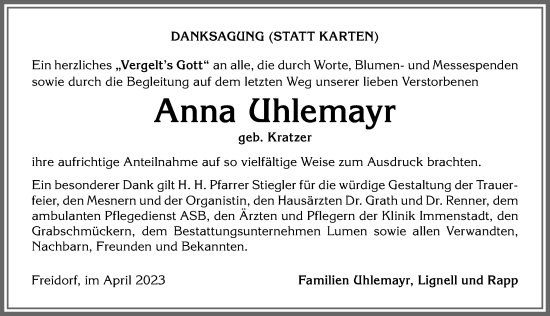 Traueranzeige von Anna Uhlemayr von Allgäuer Anzeigeblatt