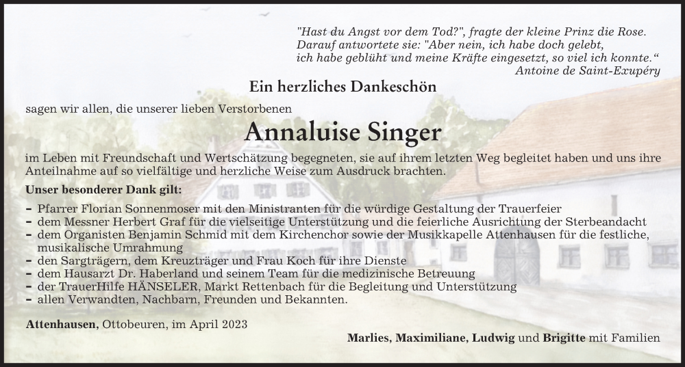  Traueranzeige für Annaluise Singer vom 01.04.2023 aus Memminger Zeitung