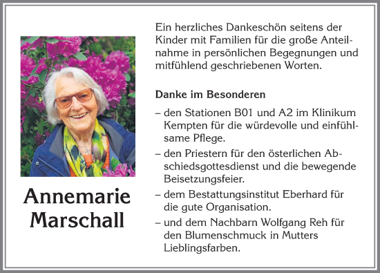 Traueranzeige von Annemarie Marschall von Allgäuer Zeitung,Kempten