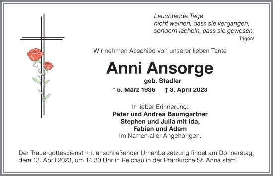 Traueranzeige von Anni Ansorge von Memminger Zeitung