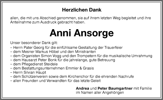 Traueranzeige von Anni Ansorge von Memminger Zeitung