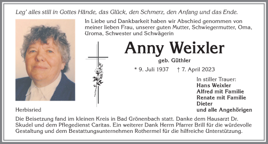 Traueranzeige von Anny Weixler von Memminger Zeitung