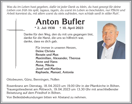 Traueranzeige von Anton Bufler von Memminger Zeitung