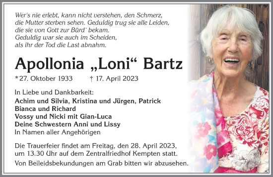 Traueranzeige von Apollonia Bartz von Allgäuer Zeitung,Kempten
