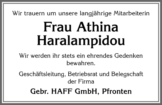 Traueranzeige von Athina Haralampidou von Allgäuer Zeitung, Füssen