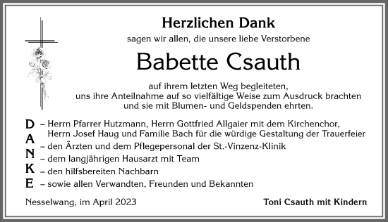 Traueranzeige von Babette Csauth von Allgäuer Zeitung, Füssen