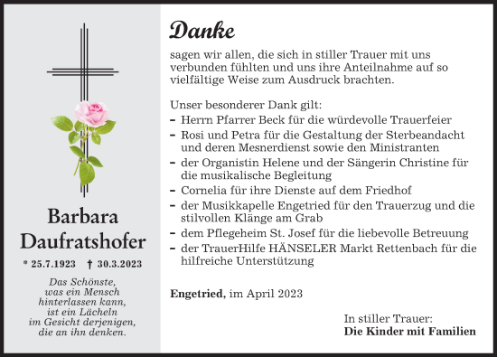 Traueranzeige von Barbara Daufratshofer von Augsburger Allgemeine, Mindelheimer Zeitung