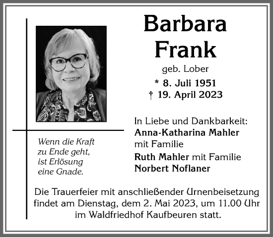 Traueranzeige von Barbara Frank von Augsburger Allgemeine