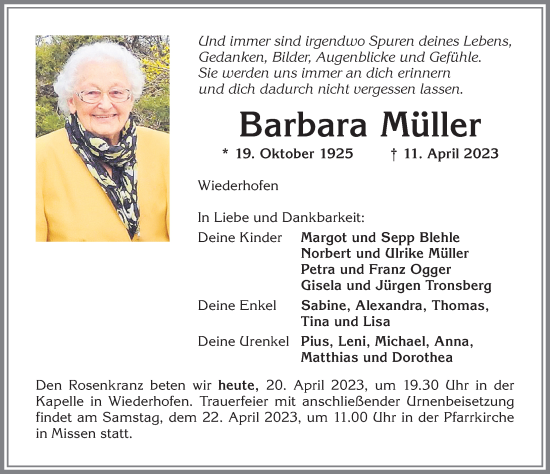 Traueranzeige von Barbara Müller von Allgäuer Anzeigeblatt