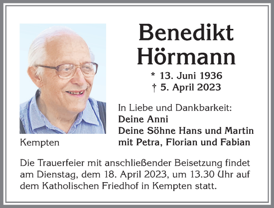 Traueranzeige von Benedikt Hörmann von Allgäuer Zeitung,Kempten