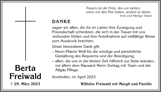 Traueranzeige von Berta Freiwald von Allgäuer Anzeigeblatt