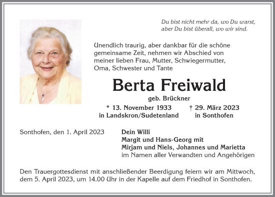 Traueranzeige von Berta Freiwald von Allgäuer Anzeigeblatt