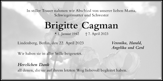 Traueranzeige von Brigitte Gagman von Der Westallgäuer