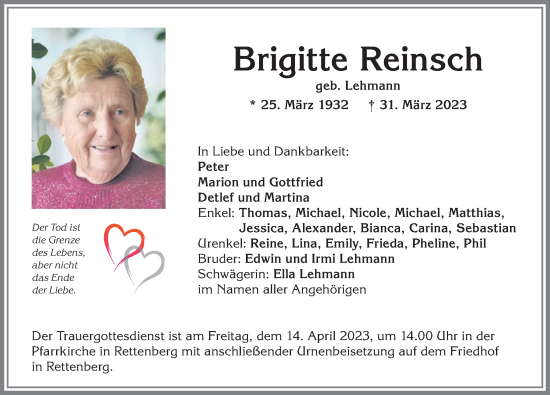 Traueranzeige von Brigitte Reinsch von Allgäuer Anzeigeblatt